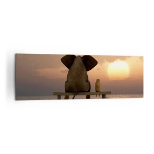Cuadro sobre lienzo - Impresión de Imagen - Un elefante y un perro están sentados en un banco en la playa durante el atardecer. - 160x50cm - Es bueno estar en silencio juntos - Decoración de pared moderna para salón y dormitorio ARTTOR