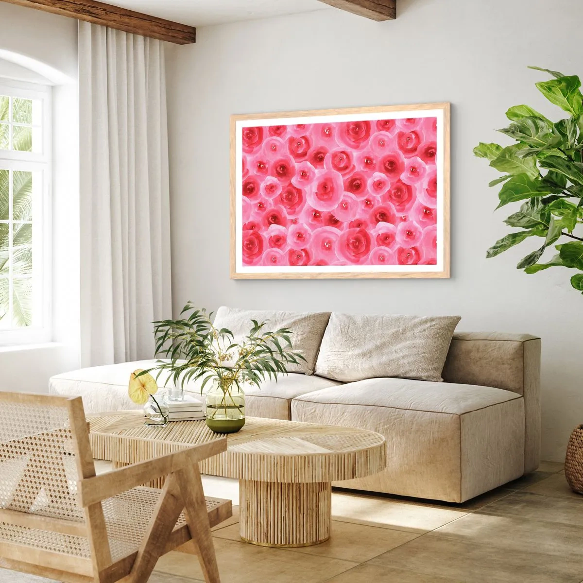 Póster en marco roble claro - Rosas abajo y arriba - 100x70 cm
