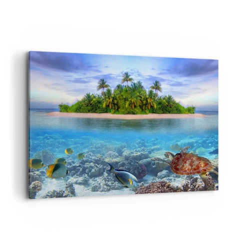 Cuadro sobre lienzo - Impresión de Imagen - Una isla tropical rodeada de un océano turquesa con un arrecife de coral y peces. - 120x80cm - Una isla paradisíaca te invita - Decoración de pared moderna para salón y dormitorio ARTTOR