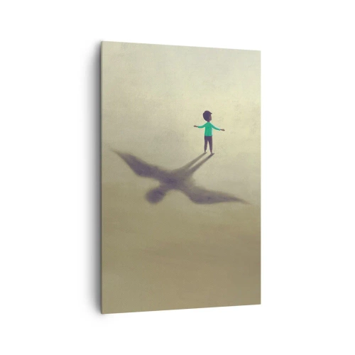 Cuadro sobre lienzo - Impresión de Imagen - Una figura simbólica de un niño con la sombra de un pájaro sobre un fondo de tonos cálidos. - 80x120cm - Héroe del futuro - Decoración de pared moderna para salón y dormitorio ARTTOR