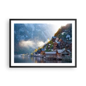 Póster en marco negro - Un pueblo de montaña junto a un lago en un paisaje otoñal. - 70x50cm - Ambiente alpino - Decoración de pared moderna para salón y dormitorio ARTTOR