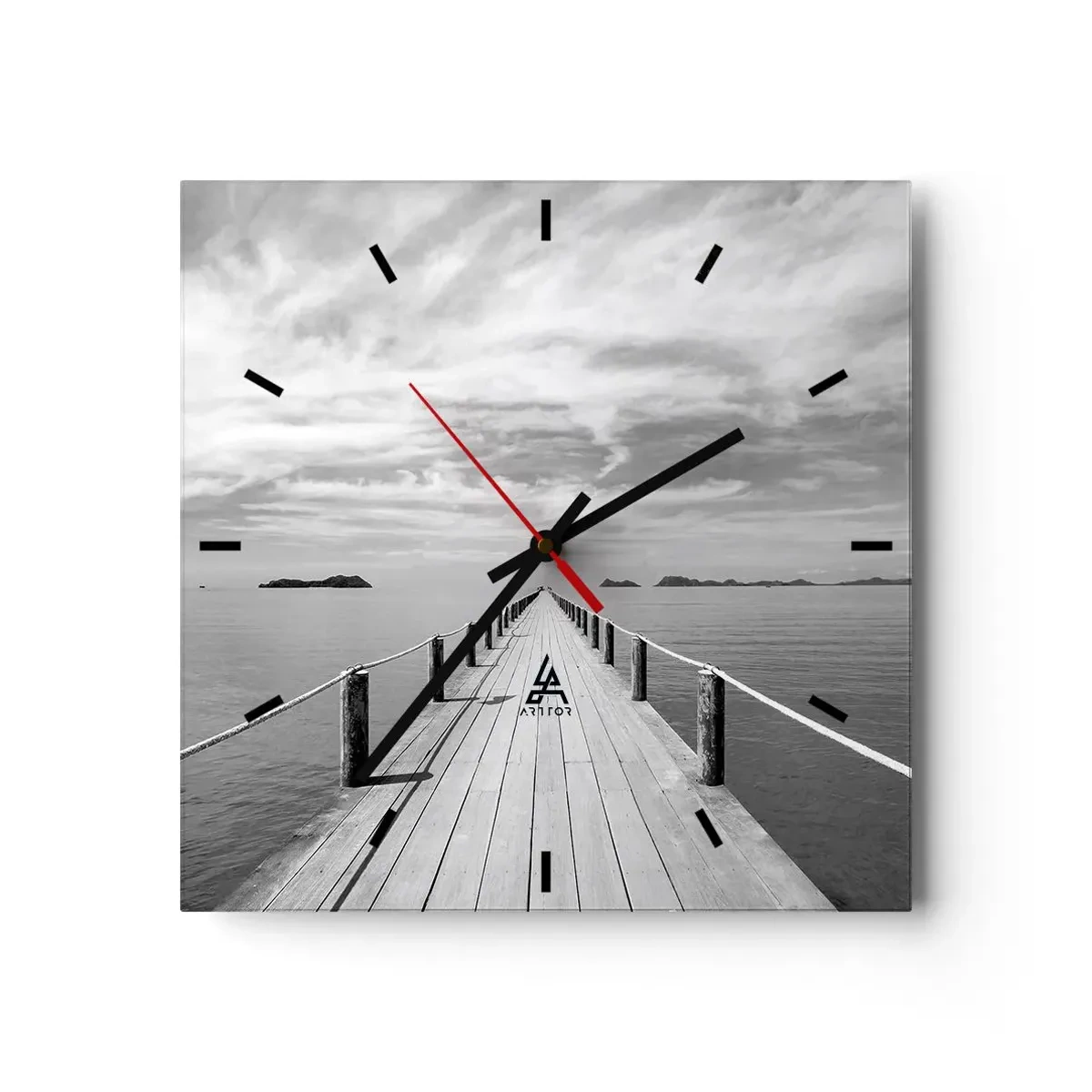 Reloj de pared - Reloj de vidrio - Un muelle de madera que se pierde en la distancia sobre un mar en calma. - 30x30cm - Hora de viajar - Decoración de pared moderna para salón y dormitorio ARTTOR