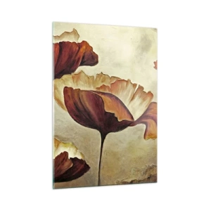 Cuadro sobre vidrio - Impresiones sobre Vidrio - Flores de amapola en tonos rojos y dorados sobre un fondo claro. - 50x70cm - Prado de prados - Decoración de pared moderna para salón y dormitorio ARTTOR