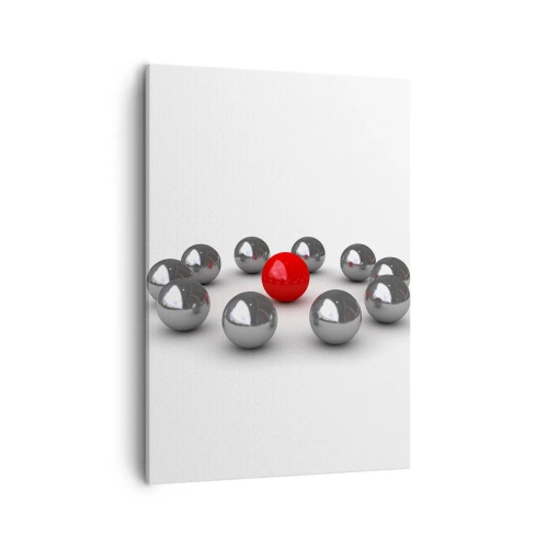 Cuadro sobre lienzo - Impresión de Imagen - Una bola roja rodeada de bolas plateadas sobre un fondo blanco. - 50x70cm - Círculo en plata y rojo - Decoración de pared moderna para salón y dormitorio ARTTOR