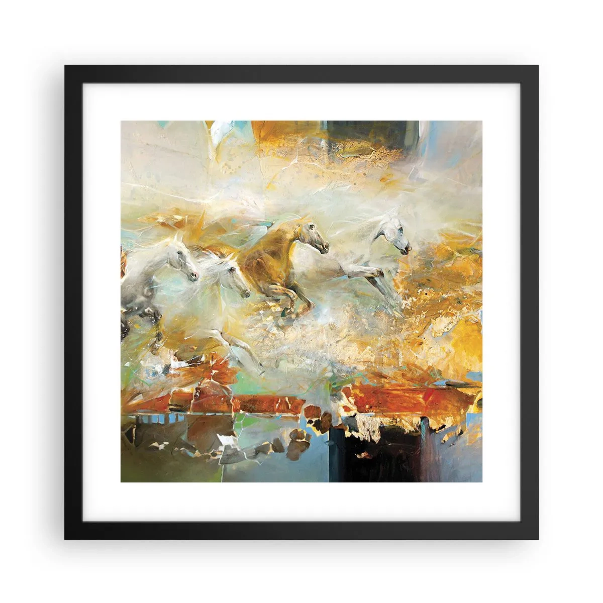 Póster en marco negro - Galopando a través de la luz - 40x40 cm