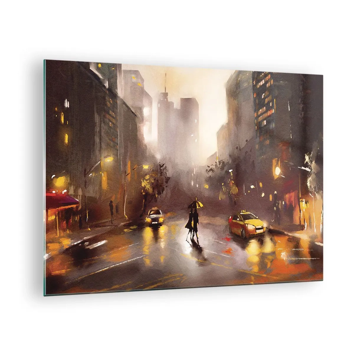 Cuadro sobre vidrio - Impresiones sobre Vidrio - Ciudad de noche bajo la lluvia con taxis y la silueta de una pareja - 70x50cm - En las luces de Nueva York - Decoración de pared moderna para salón y dormitorio ARTTOR