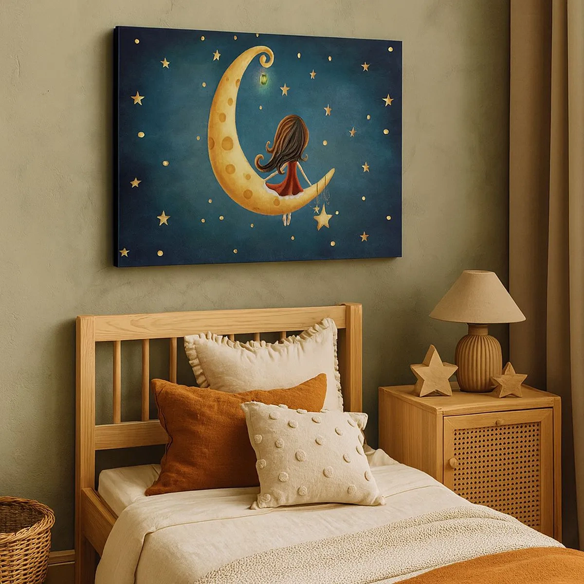 Cuadro sobre lienzo - Impresión de Imagen - Una niña en la luna rodeada de estrellas. - 70x50cm - Érase una vez... - Decoración de pared moderna para salón y dormitorio ARTTOR