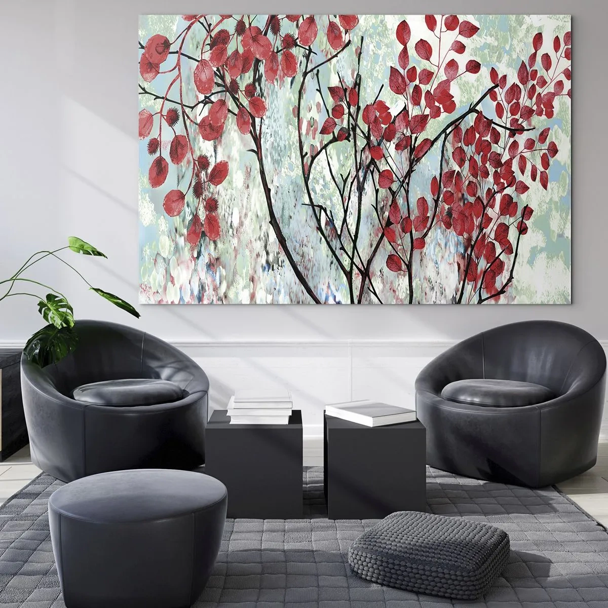 Cuadro sobre vidrio - Impresiones sobre Vidrio - Ramas con hojas rojas sobre un fondo pintado. - 70x50cm - Un árbol en escarlata - Decoración de pared moderna para salón y dormitorio ARTTOR