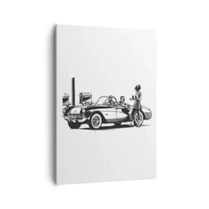 Cuadro sobre lienzo - Impresión de Imagen - Una escena retro en blanco y negro con un coche y una camarera en patines. - 50x70cm - Años 60 - la América despreocupada - Decoración de pared moderna para salón y dormitorio ARTTOR