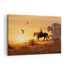 Cuadro sobre lienzo - Impresión de Imagen - Un jinete a caballo al atardecer contra la pradera. - 100x70cm - Solo a través de la pradera - Decoración de pared moderna para salón y dormitorio ARTTOR