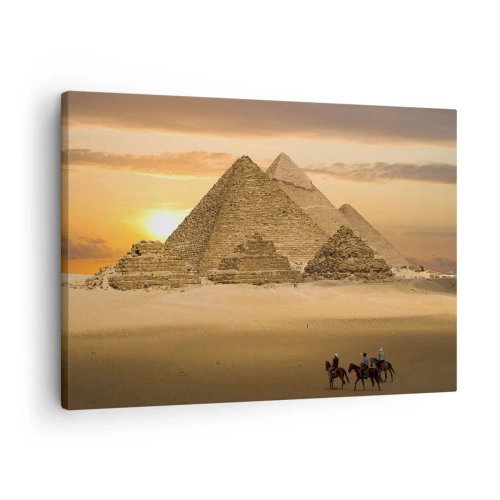 Cuadro sobre lienzo - Impresión de Imagen - Pirámides de Egipto al atardecer con jinetes a caballo - 70x50cm - Sin cambios desde hace miles de años - Decoración de pared moderna para salón y dormitorio ARTTOR