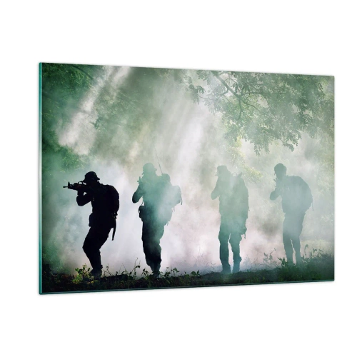 Cuadro sobre vidrio - Impresiones sobre Vidrio - Un grupo de soldados en humo, caminando por el bosque, en alerta máxima. - 120x80cm - Uno para todos... - Decoración de pared moderna para salón y dormitorio ARTTOR