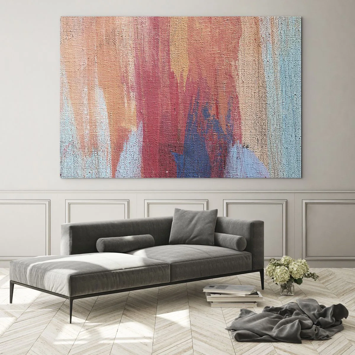 Cuadro sobre vidrio - Impresiones sobre Vidrio - Vetas de pintura de colores sobre la estructura del lienzo. - 120x80cm - Trazos de arco iris - Decoración de pared moderna para salón y dormitorio ARTTOR