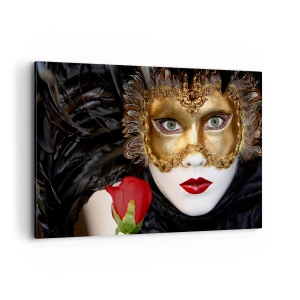 Cuadro sobre lienzo - Impresión de Imagen - Máscara veneciana dorada con plumas y rosa roja, motivo misterioso. - 120x80cm - Porque la vida es un gran baile - Decoración de pared moderna para salón y dormitorio ARTTOR