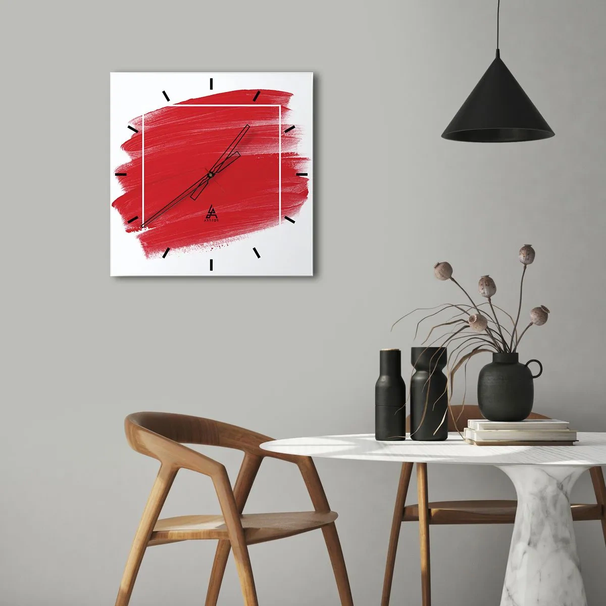 Reloj de pared - Reloj de vidrio - Trazo de pincel rojo con borde blanco - 30x30cm - Fuera del marco - Decoración de pared moderna para salón y dormitorio ARTTOR