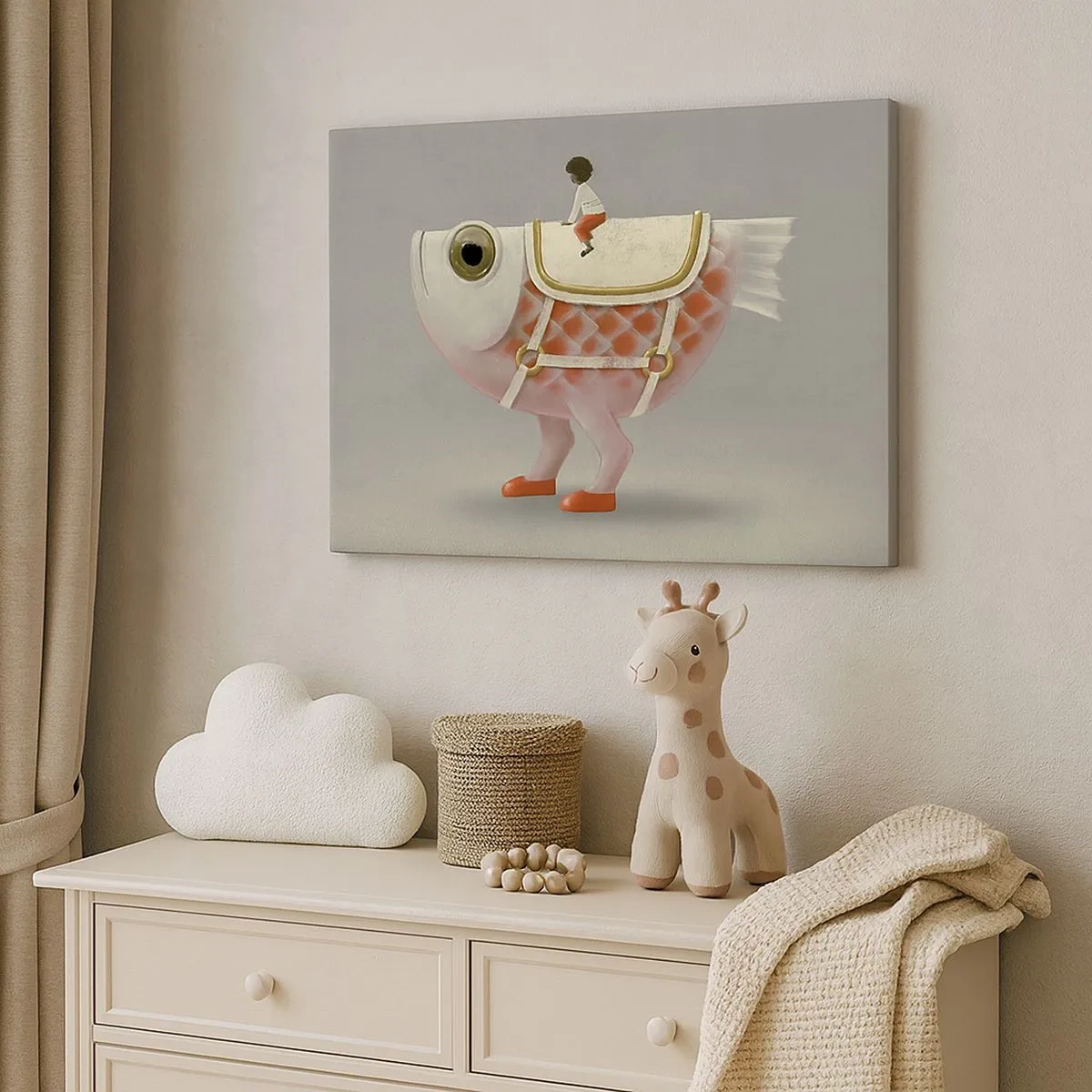 Cuadro sobre lienzo - Impresión de Imagen - Un elegante jinete de pez con piernas y silla de montar. - 70x50cm - Jinete del pescado - Decoración de pared moderna para salón y dormitorio ARTTOR