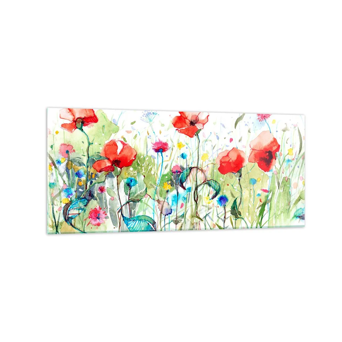 Cuadro sobre vidrio - Impresiones sobre Vidrio - Un prado con amapolas rojas y flores de colores en acuarela. - 120x50cm - Un prado en flor en mayo - Decoración de pared moderna para salón y dormitorio ARTTOR