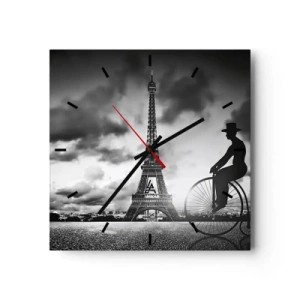 Reloj de pared - Reloj de vidrio - Imagen en blanco y negro de una bicicleta retro con la Torre Eiffel al fondo. - 30x30cm - Añoranza de la Belle Epoque - Decoración de pared moderna para salón y dormitorio ARTTOR
