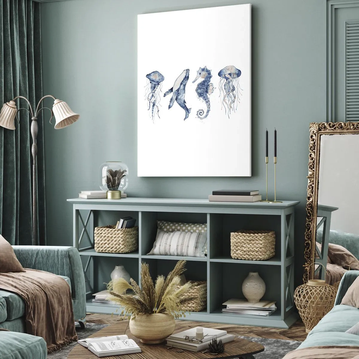 Cuadro sobre lienzo - Impresión de Imagen - Medusa, ballena y caballito de mar en estilo acuarela. - 50x70cm - Fauna marina - Decoración de pared moderna para salón y dormitorio ARTTOR