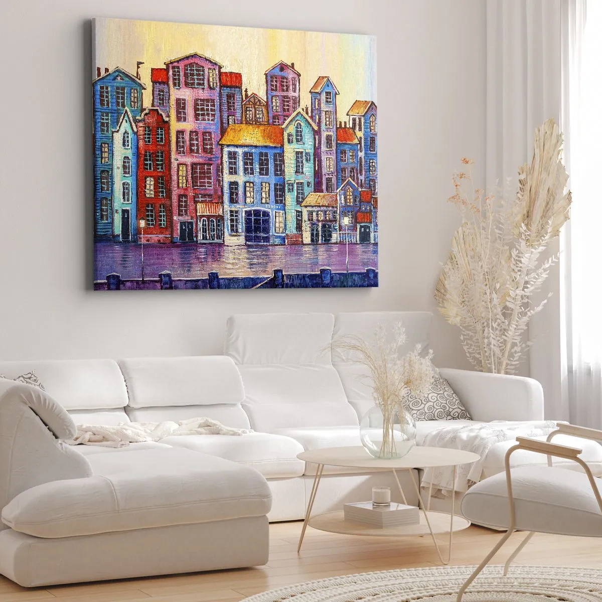 Cuadro sobre lienzo - Impresión de Imagen - Casas de vecindad coloridas junto al agua en un estilo artístico - 70x50cm - Una ciudad como un cuento de hadas - Decoración de pared moderna para salón y dormitorio ARTTOR
