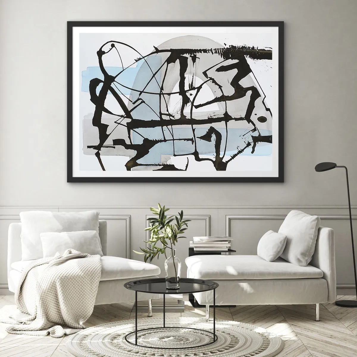 Póster en marco negro - Líneas y formas abstractas en azul y negro. - 70x50cm - Azul a pesar de todo - Decoración de pared moderna para salón y dormitorio ARTTOR