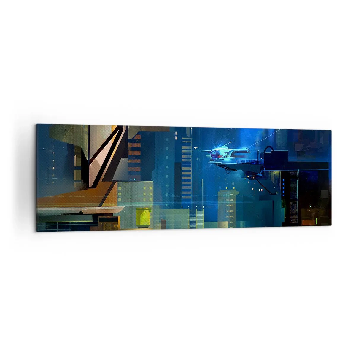 Cuadro sobre lienzo - Impresión de Imagen - Ciudad futurista de noche con luces de neón y un vehículo volador. - 160x50cm - En un futuro próximo - Decoración de pared moderna para salón y dormitorio ARTTOR