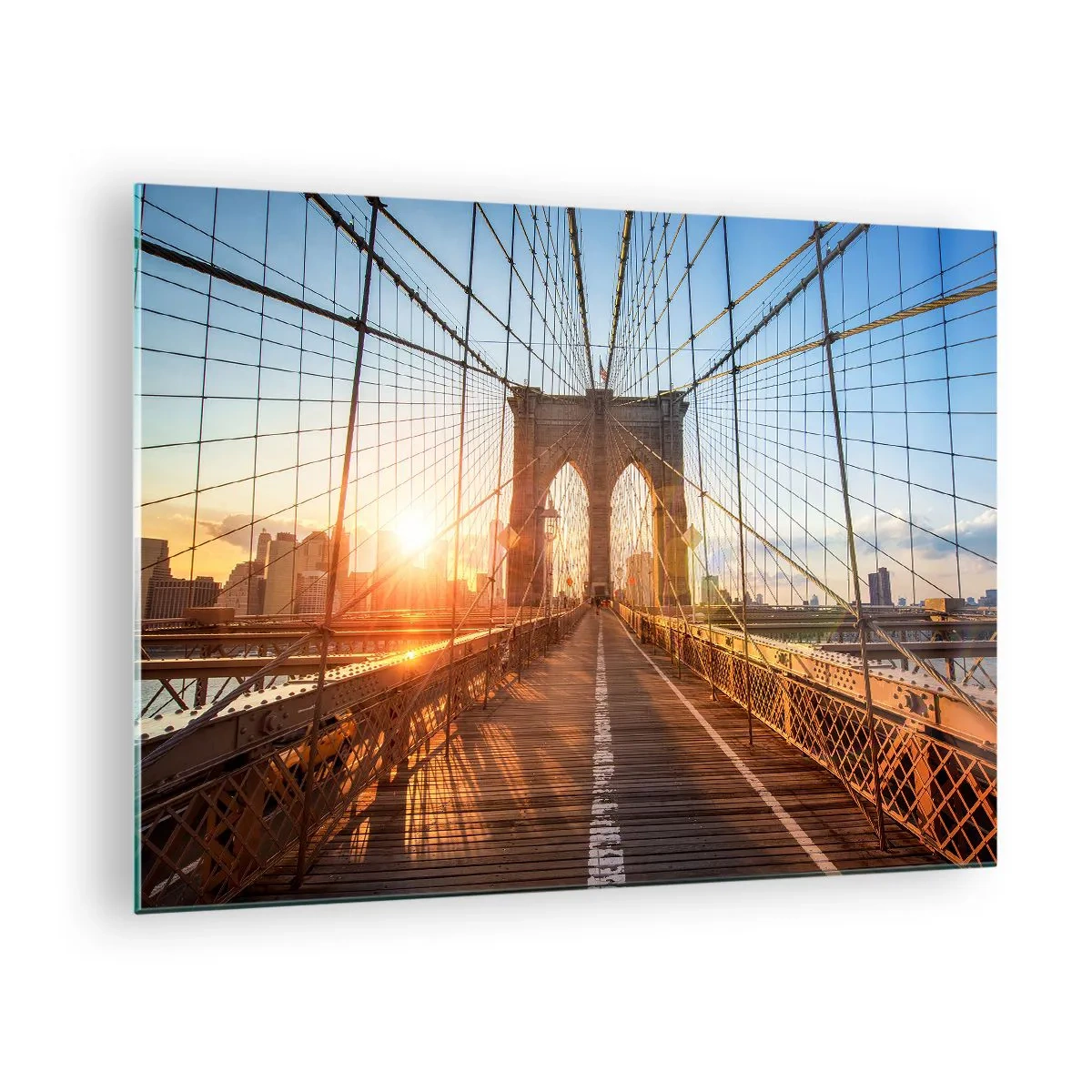 Cuadro sobre vidrio - Impresiones sobre Vidrio - Atardecer en el puente de Brooklyn en Nueva York - 70x50cm - En el puente dorado - Decoración de pared moderna para salón y dormitorio ARTTOR