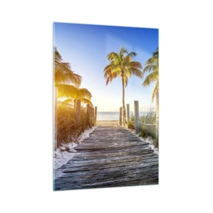Cuadro sobre vidrio - Impresiones sobre Vidrio - Camino de madera en la playa rodeado de palmeras. - 50x70cm - Directo al paraíso - Decoración de pared moderna para salón y dormitorio ARTTOR