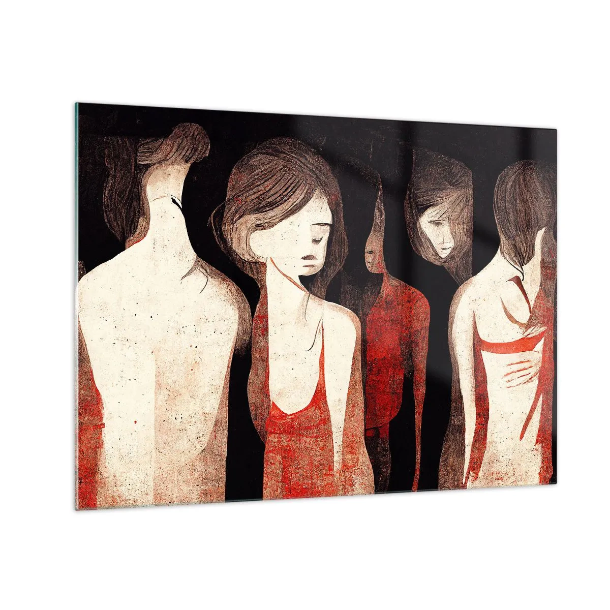 Cuadro sobre vidrio - Impresiones sobre Vidrio - Siluetas femeninas abstractas en rojo sobre fondo negro - 70x50cm - Madonnas de la oscuridad - Decoración de pared moderna para salón y dormitorio ARTTOR
