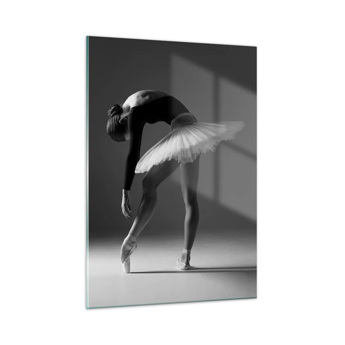 Cuadro sobre vidrio - Impresiones sobre Vidrio - Silueta en blanco y negro de una bailarina en una pose elegante. - 50x70cm - Bella bailarina - Decoración de pared moderna para salón y dormitorio ARTTOR