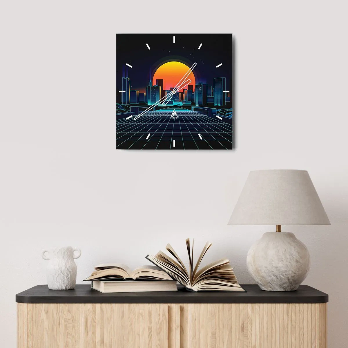 Reloj de pared - Reloj de vidrio - Horizonte urbano futurista de estilo neón - 30x30cm - ¿Todavía deseas volver a la realidad? - Decoración de pared moderna para salón y dormitorio ARTTOR