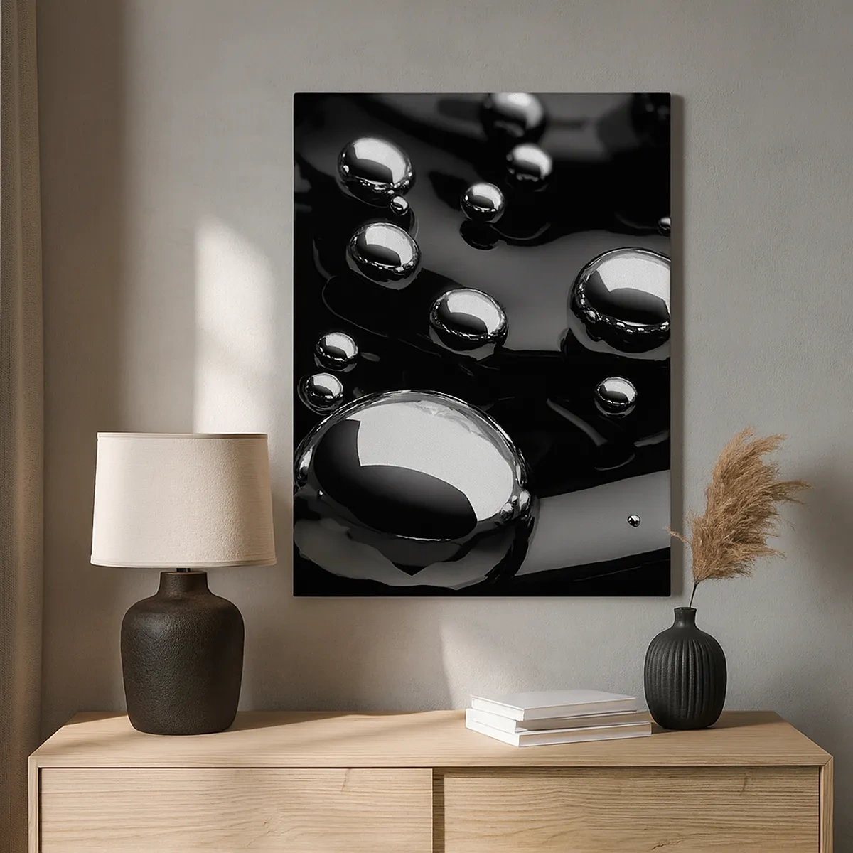 Cuadro sobre lienzo - Impresión de Imagen - Gotas abstractas sobre una superficie negra - 50x70cm - De las negras profundidades - Decoración de pared moderna para salón y dormitorio ARTTOR