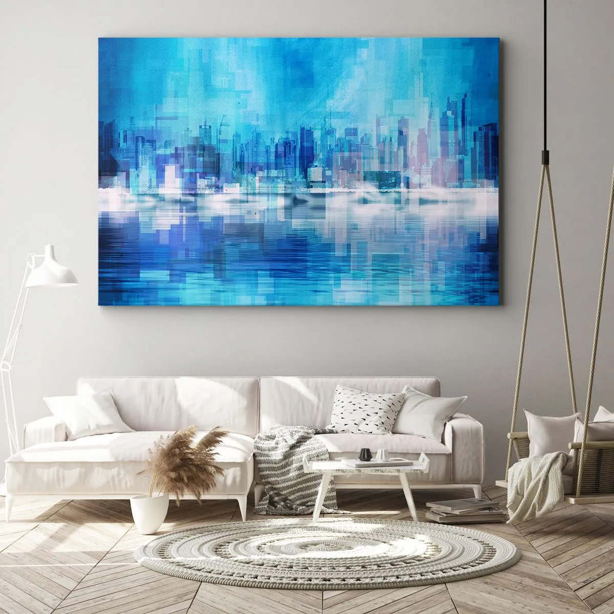 Cuadro sobre lienzo - Impresión de Imagen - Panorama abstracto de la ciudad en tonos azules - 70x50cm - La urbe azul - Decoración de pared moderna para salón y dormitorio ARTTOR