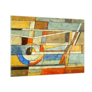 Cuadro sobre vidrio - Impresiones sobre Vidrio - Una composición abstracta con patrones geométricos y colores cálidos. - 100x70cm - Cubismo en una obra - Decoración de pared moderna para salón y dormitorio ARTTOR
