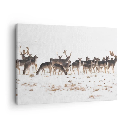 Cuadro sobre lienzo - Impresión de Imagen - Una manada de ciervos sobre un fondo nevado. - 70x50cm - ¿Se acerca la Navidad? - Decoración de pared moderna para salón y dormitorio ARTTOR