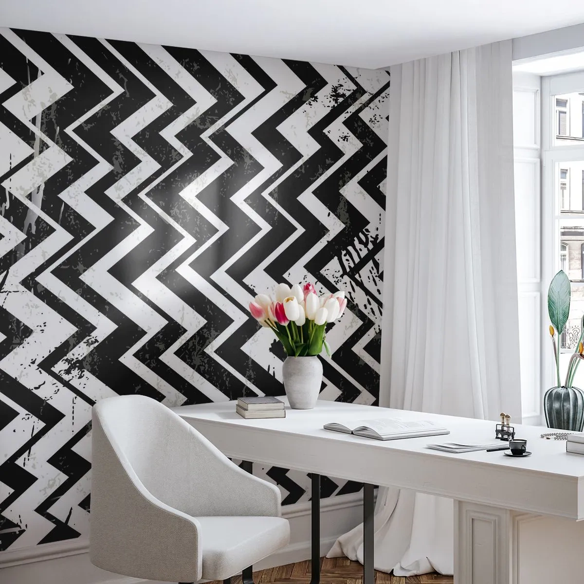 Fotomural Premium Sand - Patrón de zigzag en blanco y negro con efecto desgastado - 100x70cm - Zig-blanco, zag-negro - Decoración de pared moderna para salón y dormitorio ARTTOR