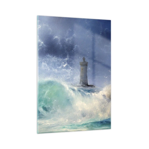 Cuadro sobre vidrio - Impresiones sobre Vidrio - Un faro entre las agitadas olas del océano - 50x70cm - En guardia contra los elementos - Decoración de pared moderna para salón y dormitorio ARTTOR