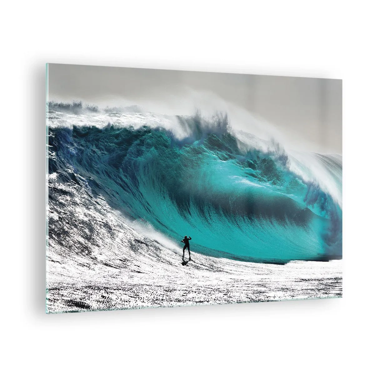 Cuadro sobre vidrio - Impresiones sobre Vidrio - Un surfista frente a una ola enorme - 70x50cm - Reto aceptado - Decoración de pared moderna para salón y dormitorio ARTTOR