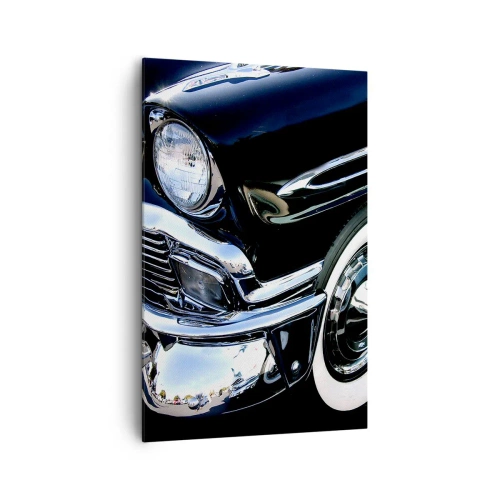 Cuadro sobre lienzo - Impresión de Imagen - Primer plano del faro y el guardabarros de un coche clásico negro - 80x120cm - Clásicos en plata, negro y blanco - Decoración de pared moderna para salón y dormitorio ARTTOR