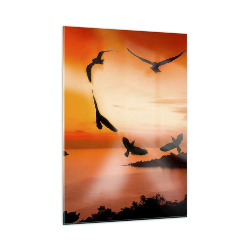 Cuadro sobre vidrio - Impresiones sobre Vidrio - Pájaros formando un corazón con el telón de fondo de una puesta de sol. - 50x70cm - Ama el mundo como los pájaros - Decoración de pared moderna para salón y dormitorio ARTTOR