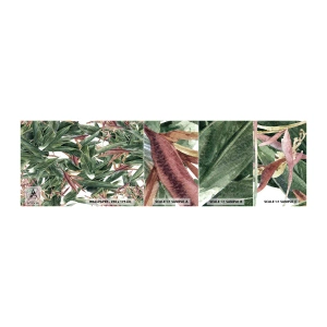 Muestra de fotomural autoadhesivo Deluxe Sticker - Naturaleza esmeralda y lila - flores, Hawai, Hojas - 100x30 cm