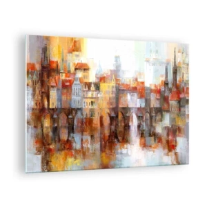 Cuadro sobre vidrio - Impresiones sobre Vidrio - Panorama colorido de la ciudad con un puente y reflejo en el agua. - 70x50cm - Puente y ciudad - Decoración de pared moderna para salón y dormitorio ARTTOR