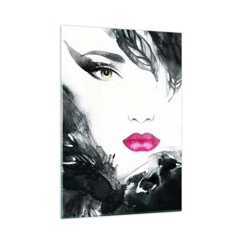 Cuadro sobre vidrio - Impresiones sobre Vidrio - Retrato de una mujer con labios rosados y acentos negros. - 50x70cm - ¡Cuidado! Femme fatale - Decoración de pared moderna para salón y dormitorio ARTTOR