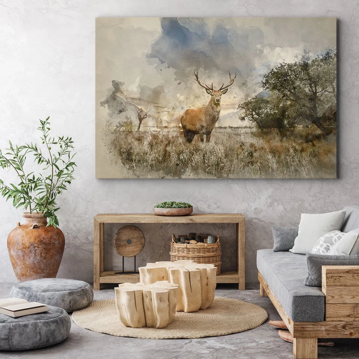 Cuadro sobre lienzo - Impresión de Imagen - Un ciervo en un entorno natural en estilo acuarela. - 70x50cm - Dignidad - fuerza - encanto - Decoración de pared moderna para salón y dormitorio ARTTOR