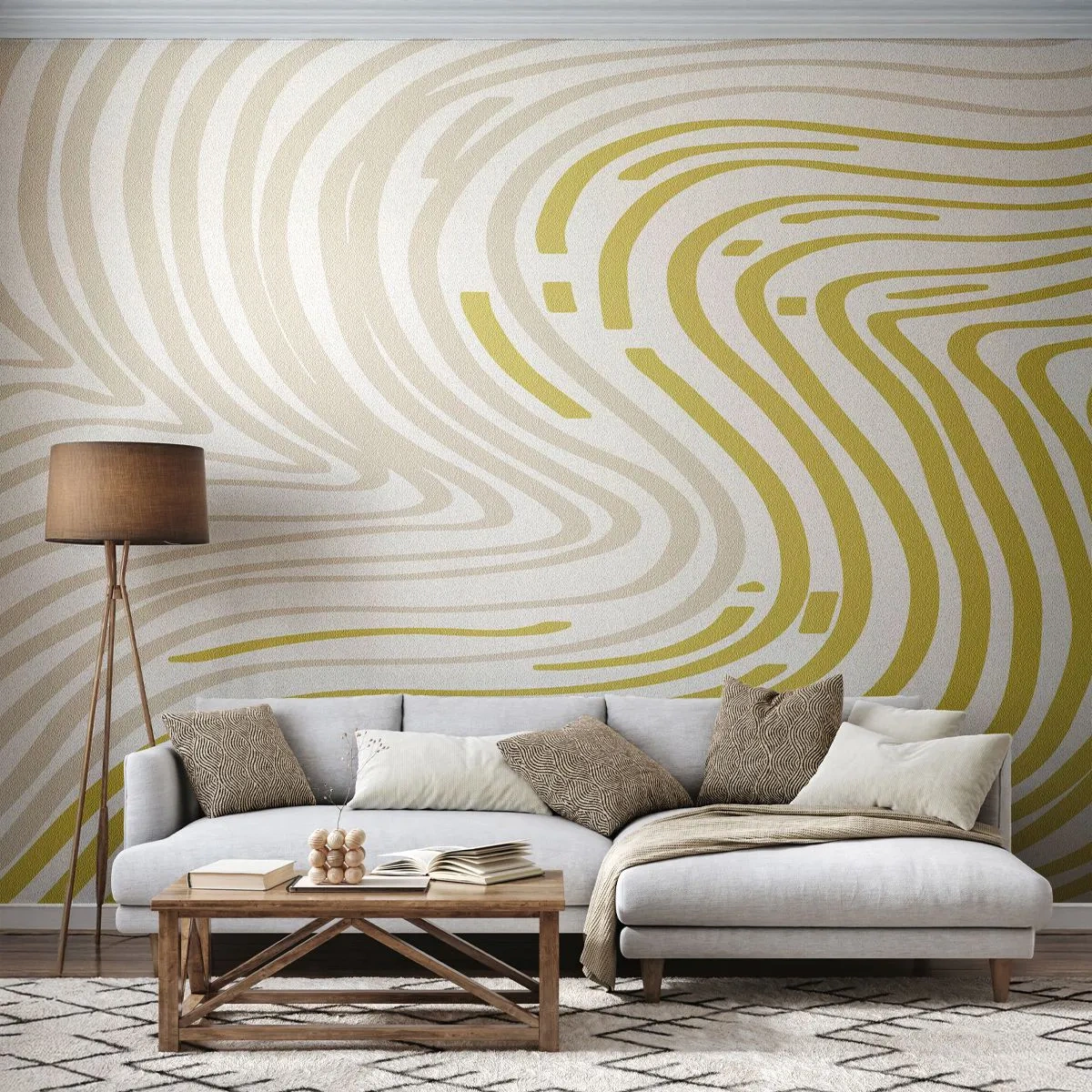 Fotomural Premium Sand - Líneas onduladas amarillas y beige sobre un fondo blanco en un estilo abstracto. - 100x70cm - Composición curvada - Decoración de pared moderna para salón y dormitorio ARTTOR