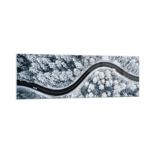 Cuadro sobre vidrio - Impresiones sobre Vidrio - Una vista de pájaro de un camino sinuoso en un bosque invernal. - 160x50cm - A través de un bosque invernal - Decoración de pared moderna para salón y dormitorio ARTTOR