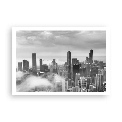Póster - Panorama de la ciudad con rascacielos en las nubes en blanco y negro - 100x70cm - Paisaje americano - Decoración de pared moderna para salón y dormitorio ARTTOR