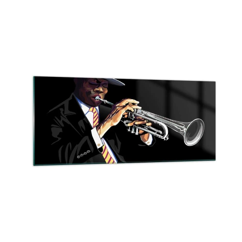 Cuadro sobre vidrio - Impresiones sobre Vidrio - Un músico tocando la trompeta sobre un fondo negro. - 120x50cm - El encanto de la vieja escuela - Decoración de pared moderna para salón y dormitorio ARTTOR