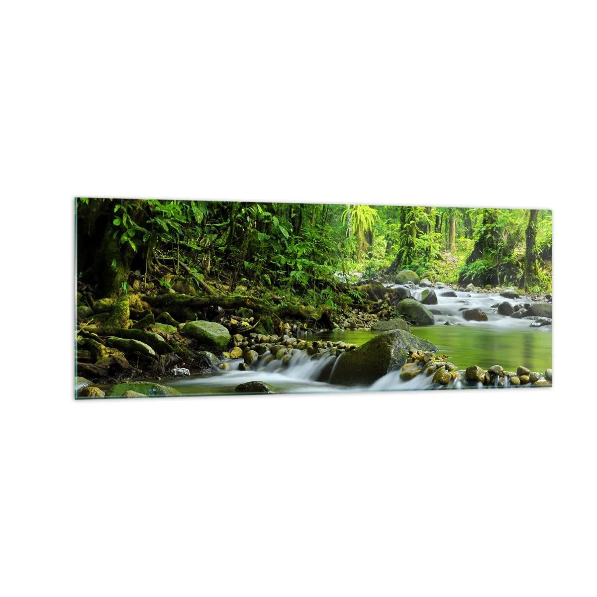 Cuadro sobre vidrio - Impresiones sobre Vidrio - Un arroyo en un exuberante bosque tropical. - 140x50cm - Flotar en un mar de verde - Decoración de pared moderna para salón y dormitorio ARTTOR