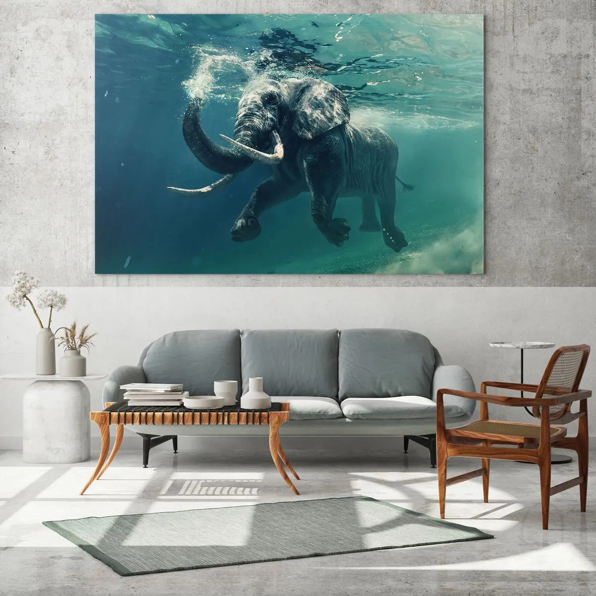 Cuadro sobre vidrio - Impresiones sobre Vidrio - Un elefante nadando bajo el agua en el océano azul. - 100x70cm - A todos nos gusta nadar - Decoración de pared moderna para salón y dormitorio ARTTOR
